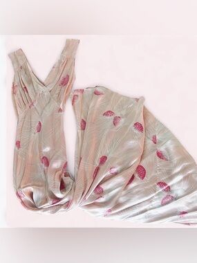 Antique 1930s Liquid Satin Bias-Cut Floral Maxi Slip Dress